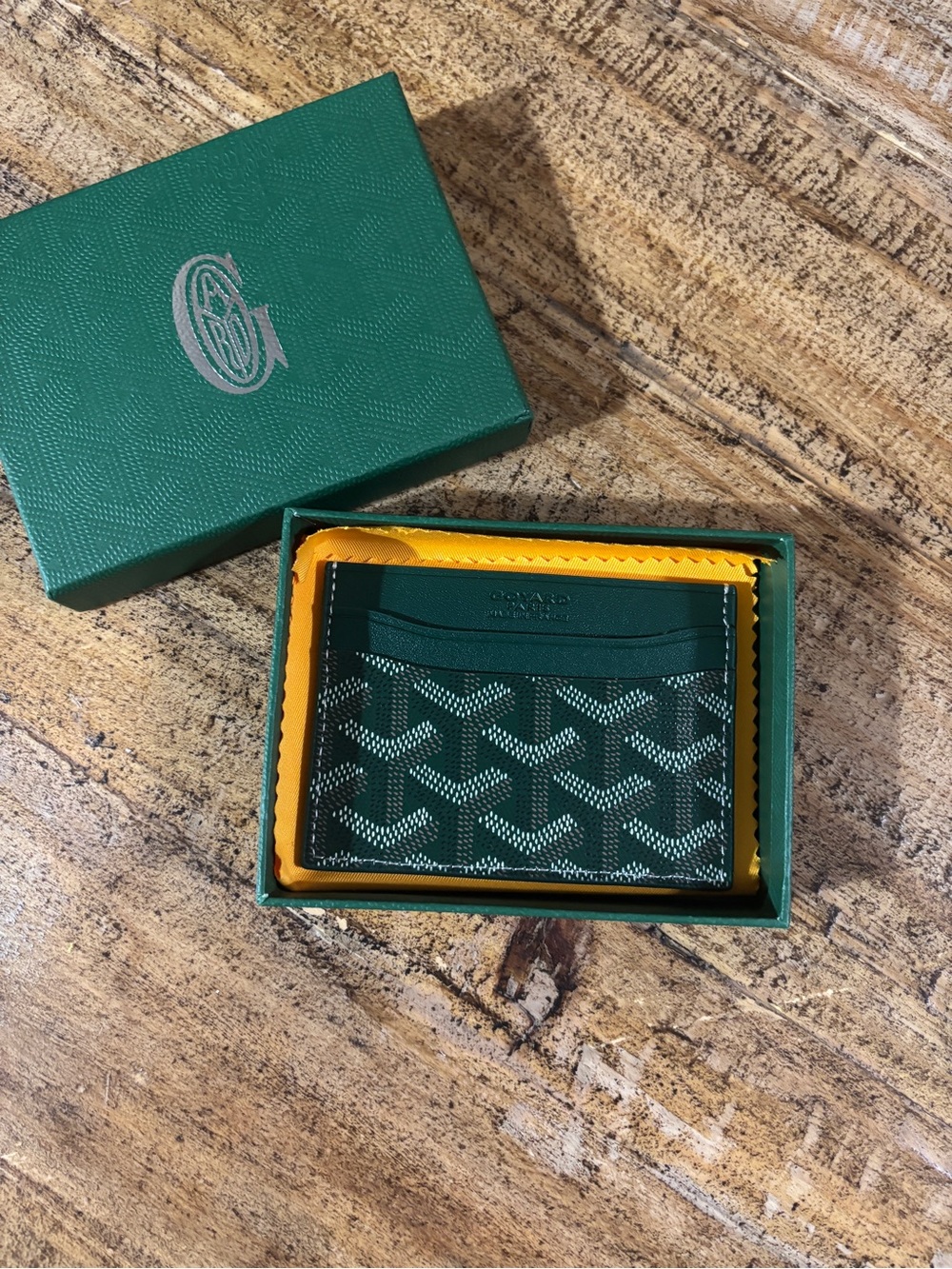 Goyard Green Chevron Card Holder with Yellow Interior